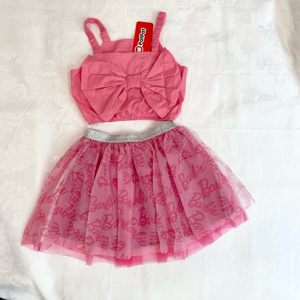 Barbie 2pcs Girl Bow Twist Pink Top and Allover Logo Tulle Overlay Skirt Set